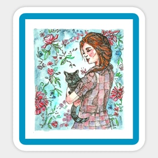 Vintage girl with black cat Sticker